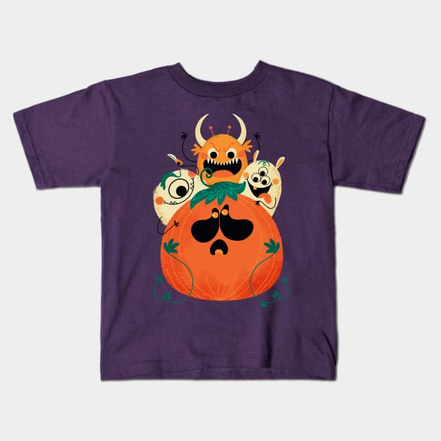 Halloween pumpkin and monsters Kids T-Shirt by Angela Sbandelli Illustration and Design